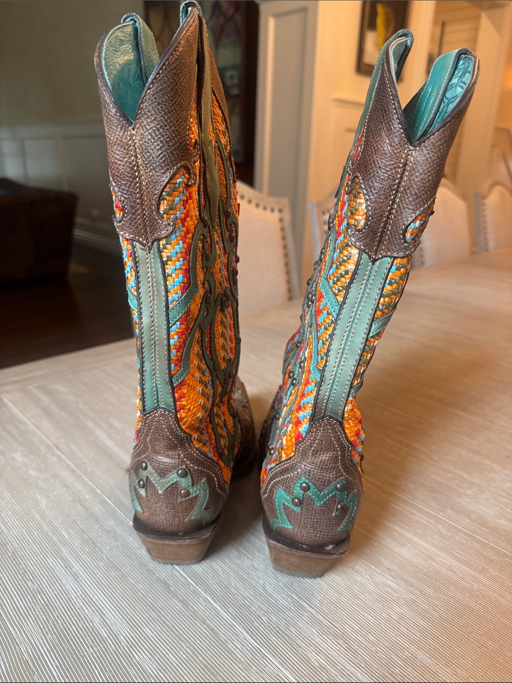 Women's Brown & Turquoise Embroidered Western Heeled Boots - Picture 5 of 5